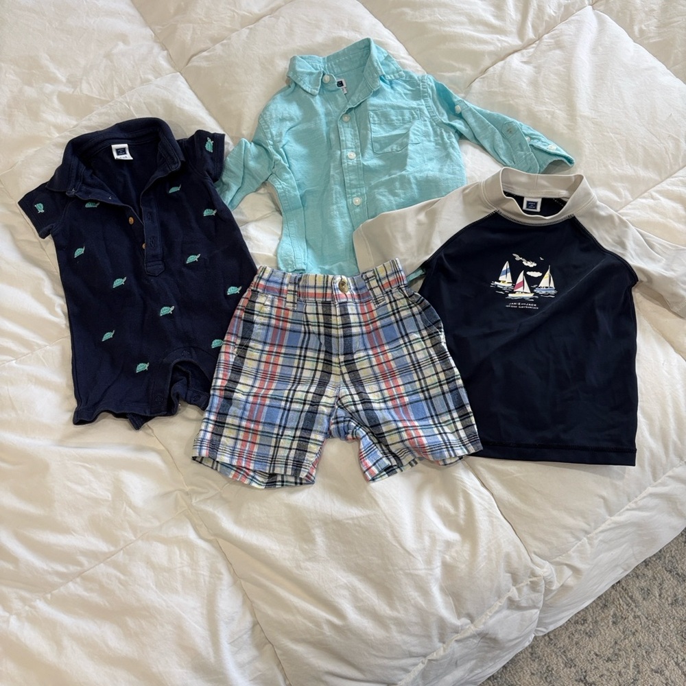 Janie and Jack (linen/cotton outfit and Navy and White Sailboat Rash guard
